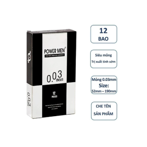 Bao Cao Su POWER MEN INVI 0.03 Siêu Mỏng, Bôi Trơn, Kéo Dài, Hộp 12 Cái