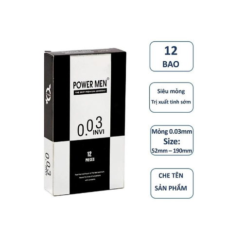 Bao Cao Su POWER MEN INVI 0.03 Siêu Mỏng, Bôi Trơn, Kéo Dài, Hộp 12 Cái