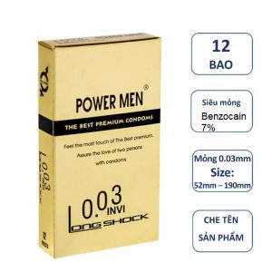 Bao Cao Su Power Men 0.03 Invi Long Shock, Siêu Mỏng, Tăng Thời Gian Quan Hệ, Hộp 12 Cái