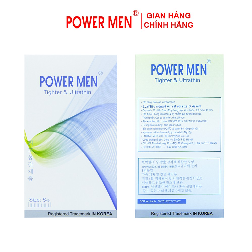 Bao Cao Su Powermen Tighter & Ultrathin Siêu Mỏng, Ôm sát Size Nhỏ 49mm Hộp 12 chiếc