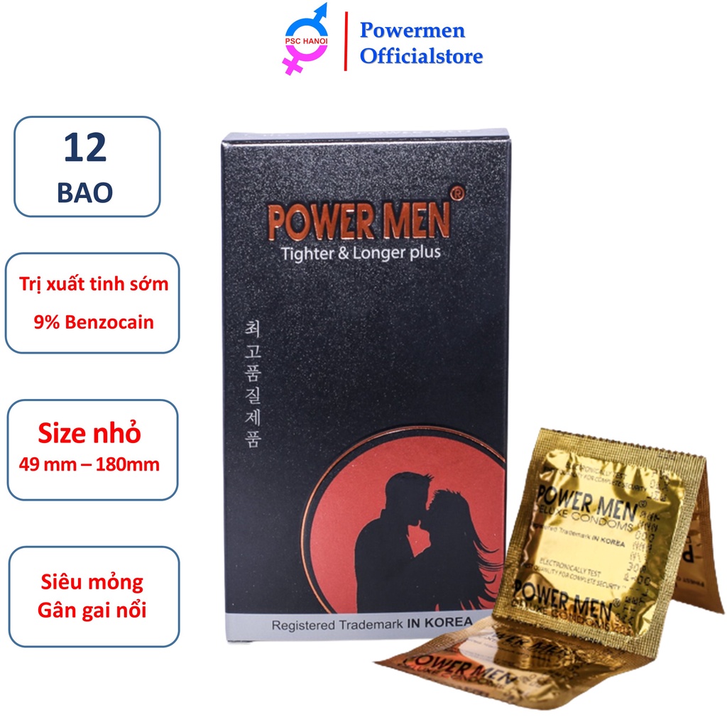 Bao Cao Su Powermen TIGHTER LONGER Plus Gân Gai Ôm Khít, 9% Kéo Dài, Size nhỏ 49mm