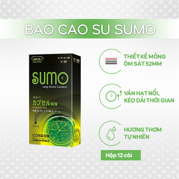 Sumo 4 in 1 52mm, Hộp 12 cái – Bao cao su gân gai kéo dài thời gian
